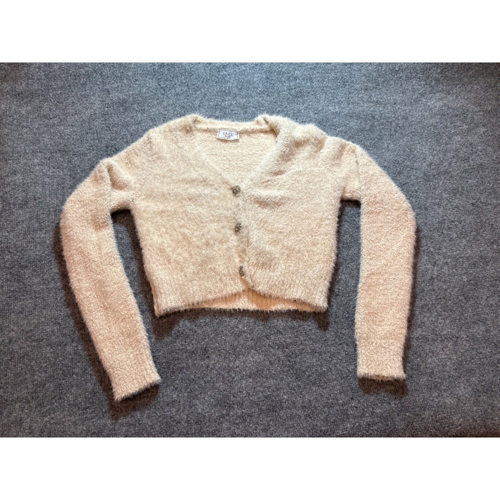 Sage The Label Women's S Fuzzy Knit Cropped Cardigan Sweater Cream Beige